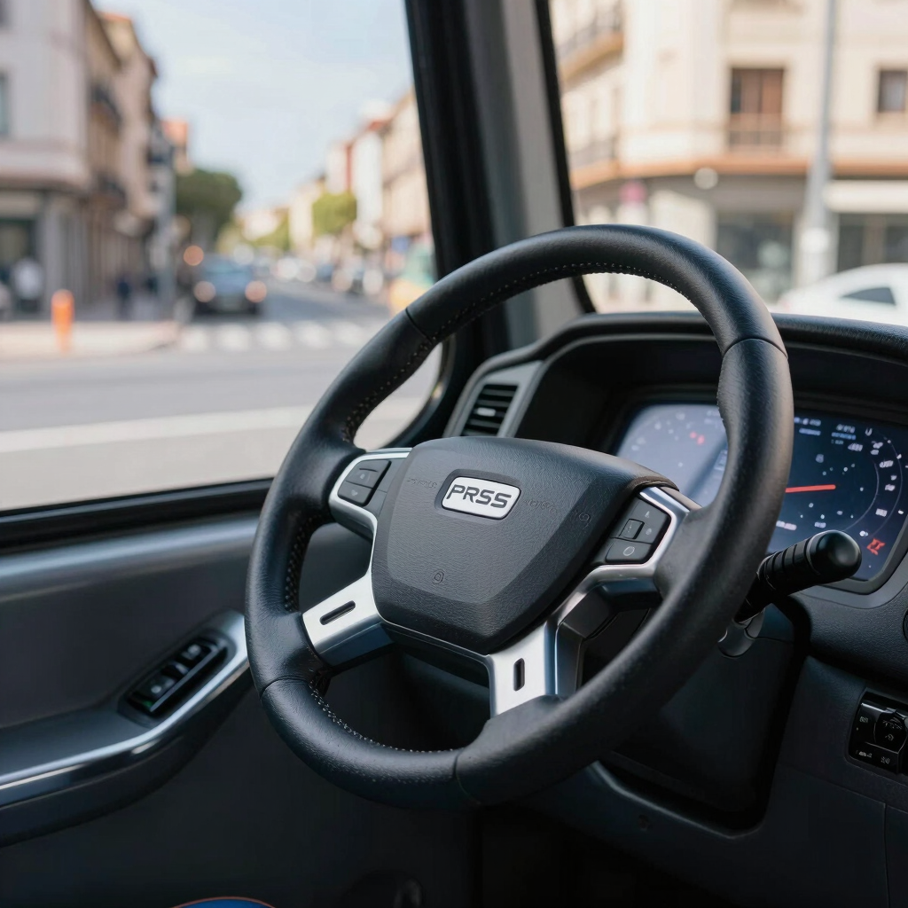 Close-up photography of a professional steering wheel of a modern urban bus, with a clean dashboard and digital controls. A view of a sunny Southern European / Spanish urban avenue through the window. The color palette features dark blue and silver accents. Professional, sharp focus, efficient atmosphere.