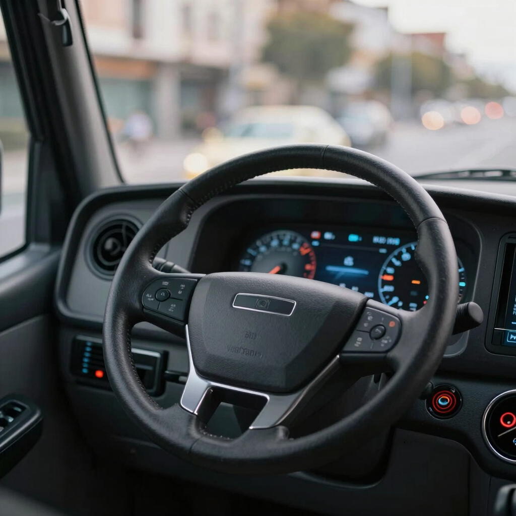 A detailed close-up of a modern bus driver's dashboard with glowing digital displays and a ergonomic steering wheel, shot in the soft morning light of a Spanish city.